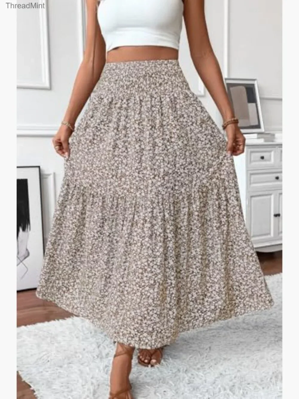 Women's Smocked High Waist Maxi Skirt Casual Boho Long Skirts with Pockets - Picture 3 of 7